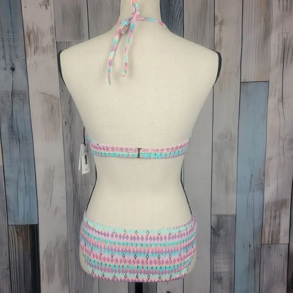 Shade And Shore Front Twist Halter Bikini Top And Bottoms Purple Pink Teal 36B L